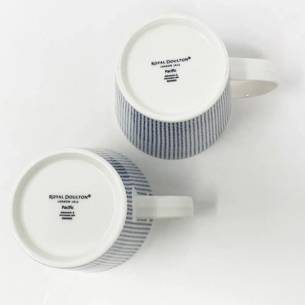 Royal Doulton Pacific White Blue Dot Ceramic Coffee Mugs Cups Pair Wide Rim GUC